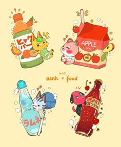 an image of some food and drinks on a yellow background with the words apple juice