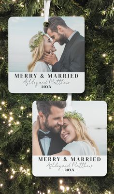 Minimalist Merry And Married Photo Metal Christmas Ornament For Newlyweds Just Married Merry And Married, Gift For Newlyweds, Bright Photos, Metal Christmas