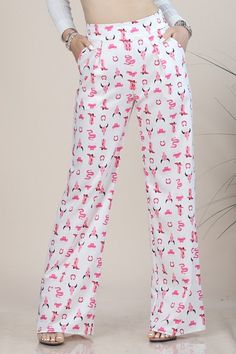 -High waist fold pleated -Straight leg pants -Pockets, side zipper -Western Print -Made in USA. 95%Poly, 5% Spandex Fitted Wide Leg Cargo Pants For Loungewear, Cowgirl Collage, Pink Cowgirl, Print Collage, Swimwear Sale, Printed Pants, Straight Leg Pants, Side Zipper, Leg Pants