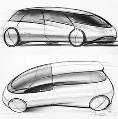 two sketches of an electric car, one in white and the other in black ink