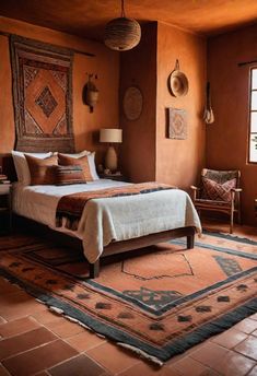 a bed sitting in a bedroom on top of a floor next to a lamp and window