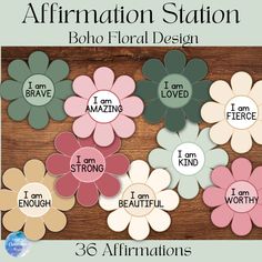 the affirmation station is designed to look like flowers with different colors and sizes