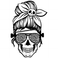 a skull wearing sunglasses with a bow on it's head and hair in the middle