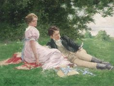 a painting of two people sitting on the grass