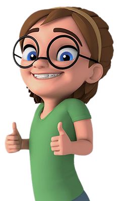 a cartoon girl with glasses giving the thumbs up sign while wearing green shirt and blue jeans