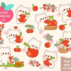 the bears are eating cherries and holding flowers in their hands, with an apple on top