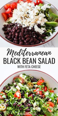 black bean salad with feta cheese and tomatoes in a white bowl on the side