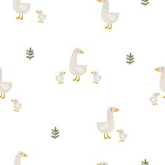 an image of ducks and leaves on a white background for wallpaper or wrapping paper