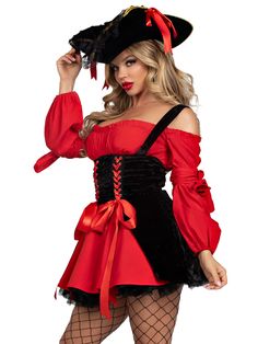 a woman wearing a red and black costume