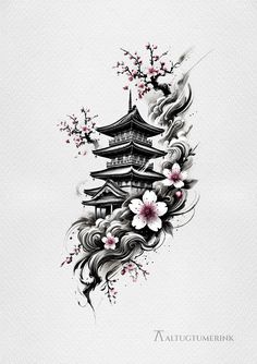 Japanese Blossom Tattoo Back, Japanese Houses Tattoo, Japanese Boat Tattoo, Laos Tattoos For Women, Japanese Artwork Tattoo, Japanese Temple Tattoo Stencil, Chinese Flowers Tattoo, Thai Flower Tattoo, Japanese Mandala Tattoo