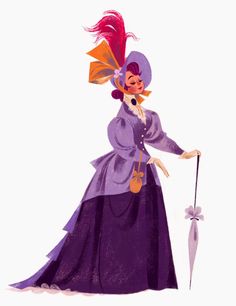 a woman in a purple dress holding an umbrella and wearing a hat with feathers on it