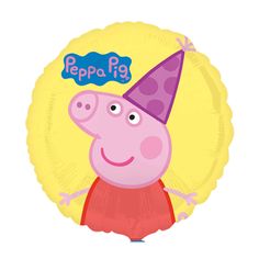 peppa pig balloon with the words peppa pig on it's face and purple hat