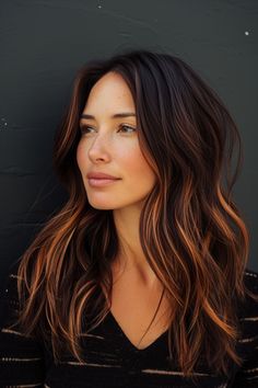 53+ California Brunette Hair Ideas Dark Brunette Ombre Balayage, Black Hair Copper Balayage, Dark Hair With Copper Balayage, Candlelit Brunette Hair, Black Copper Hair, Copper Hair Balayage, California Brunette Hair, California Brunette, Brunette Hair Ideas