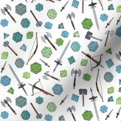 a white background with many different types of swords and dices on it's surface