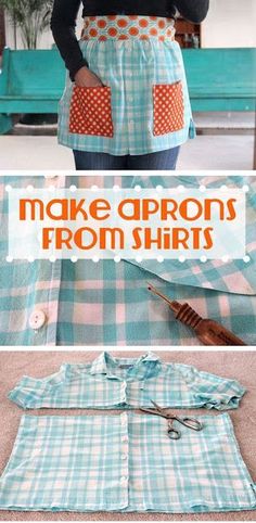 an apron made from shirts is shown with the words make aprons from shirts on it