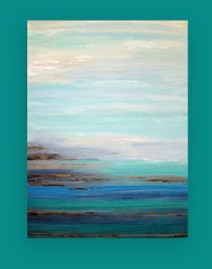 an abstract painting with blue, green and white colors on the ocean floor in front of a turquoise background