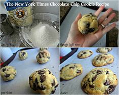 four pictures showing how to make chocolate chip cookie cookies