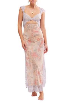 Exude elegance through your morning and nighttime routines in this luxurious floral nightgown winked with cutouts and intricate lace accents. 54" length (size Medium) V-neck Sleeveless Partially lined 100% nylon with 90% nylon, 10% spandex contrast Hand wash, line dry Imported Floral Nightgown, Engagement Dresses, Sleepwear Women, Night Gown, Bohemian Style, Lace Trim, Free People, Floral Print, Fashion Inspo