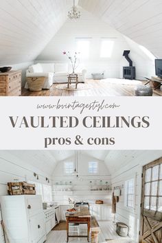 an atticed ceiling with white walls and wood flooring is featured in this article