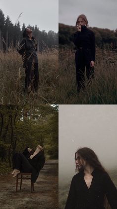 four different shots of a woman sitting on a chair in the woods and standing up with her hands behind her head