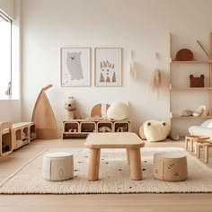 a child's room with wooden furniture and toys