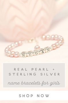 Celebrate your precious little one. She's so special & it's the perfect time to remind her that even though life can get a bit crazy, she's so important and you love her very much. Beautiful real pearl and sterling silver name bracelets for girls - a great gift for your daughter, granddaughter or niece. ♥ Little Girl's Pearls #namebracelet

https://littlegirlspearls.com/collections/name-bracelets/products/precious-pearls-name-bracelet Name Bracelets, Girl Bracelet, Cotton Frocks, Daisy Bracelet