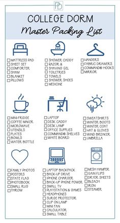 the college dorm master packing list is shown in blue and white, with instructions on how to