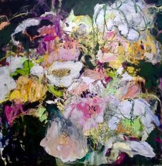 an abstract painting with flowers in it