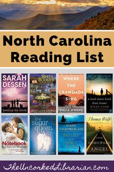 the north carolina reading list with text overlaying it and an image of mountains in the background