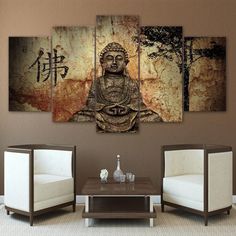 a living room scene with a buddha statue on the wall