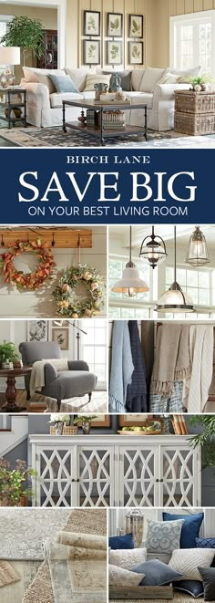 a collage of photos with the words save big on your best living room