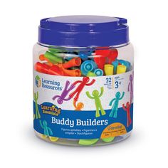 the learning resources buddy builder is in a jar with lots of colorful plastic building toys