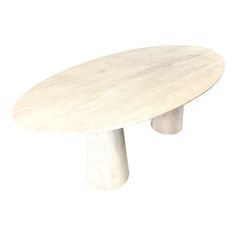 a white marble table with two legs and a circular top, on a white background