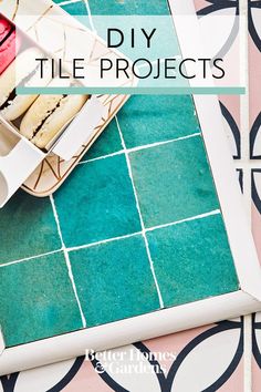 the words diy tile projects are in front of a blue and pink tiled floor