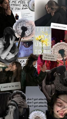 a collage of photos with people holding flowers and signs that read, i need to be nice