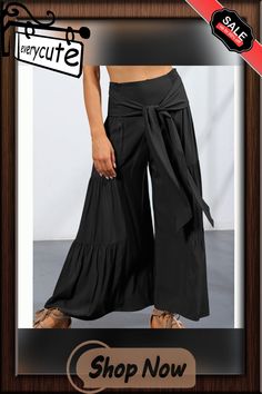 Black Smocked High Waist Palazzo Pants with Tie Black Ankle-length Summer Pants, Black Wide Leg Pants With Pockets For Vacation, Casual Black Wide Leg Beach Pants, Spring Black Ankle-length Wide Leg Pants, Black Ankle-length Pants With Elastic Waistband, Chic Black Wide Leg Pants For Vacation, Black Wide Leg Pants With Elastic Waistband For Beach, Beach Black Wide Leg Pants With Elastic Waistband, Black Wide Leg Pants With Elastic Waistband For Vacation