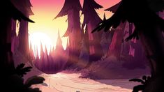 the sun is setting in an animated forest