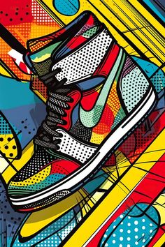 a pair of colorful sneakers sitting on top of each other in front of an abstract background