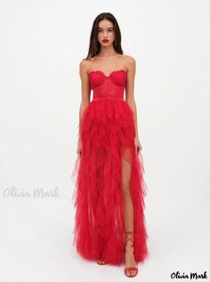 Olivia Mark - Fashionable Strapless Waist-Hugging Tulle Maxi Dress Evening Gown Red Tulle Dress For Red Carpet, Red Fitted Tulle Dress, Fitted Red Tulle Dress, Red Strapless Tulle Dress, Red Dresses With Sheer Fitted Bodice, Red Gown With Sheer And Fitted Bodice, Red Sleeveless Evening Dress With Sheer Bodice, Fitted Tulle Strapless Evening Dress, Fitted Red Evening Dress With Sheer Bodice