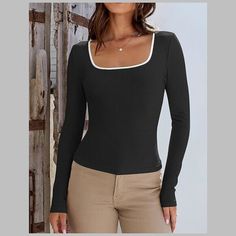 S=Us 4-6, M=Us 8-10, L=Us 12-14, Xl=Us 16-18. Crafted From A Soft And Comfortable Ribbed Knit Fabric, This Women Square Neck Tops Is Not Only Cozy To Touch But Also Provides Exceptional Comfort Throughout The Day. Stay Ahead Of The Fashion Game With This Long Sleeve Shirts. This Fall Tops Features A Classic Square Neck, Long Sleeve, Color Block, Slim Fit, Ribbed Knit Texture, Womens Fall Tops, Pullover Tops, Basic And Casual Style. Machine Wash With Laundry Bag Recommended, Hand Wash In Cold Wat Non-stretch Black Cotton Tops, Black Slim Fit Tops For Winter, Trendy Black Slim Fit Tops, Black Slim Fit Long Sleeve Top, Black Slim Fit Casual Top, Black Slim Fit Crew Neck Tops, Basic Black Tops For Fall, Fitted Black Top For Fall, Square Neck Tops