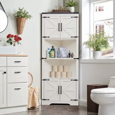 a white toilet sitting next to a sink in a bathroom under a mirror on top of a wooden shelf