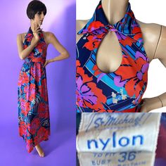 Gorgeous nylon vintage 70s maxi dress. Unlined, big collar, button under collar, not sure if one's missing or if the two holes are just to adjust, someone has also added a press stud. Some of the hem is undone. See measurements below, Measures approx across underarms 15 inches, across waist 13 inches, length 54 inches. I will add pictures of any labels if the item has them.  Please go by measurements for sizing as vintage comes up different and the size in the title is a rough guide based on UK 1970s Style Multicolor Maxi Dress, 1970s Style Fitted Floor-length Maxi Dress, 1970s Style Sleeveless Floral Print Dress, 1970s Vintage Print Summer Dress, 70s Maxi Dress, 1970s Sleeveless Floral Print Dress, Big Collar, St Michael, Vintage 70s