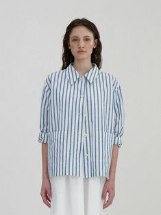 Designer fashion, Seoul-fully created | W Concept Striped Relaxed Fit Long Sleeve Outerwear, Striped Long Sleeve Outerwear With Relaxed Fit, Striped Cotton Outerwear With Relaxed Fit, Spring Workwear Top With Signature Stripes, Pinstripe Tops With Pockets For Work, Organic Cotton Yarn, Work Jacket, Wide Stripes, Vintage Texture