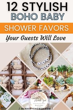 baby shower favors with text that reads, 12 stylish boho baby shower favors your guests will love