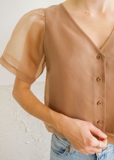 Maximum Glam! Champagne Organza Puff Blouse Sheer Polyester Layer with Run Away Crop Seamless Crop Top Summer Tops With Button Closure For Layering, Elegant Puff Sleeve Tops For Layering, Solid Short Sleeve Blouse For Layering, Puff Blouse, Seamless Crop Top, Organza Blouse, Polyester Top, Sheer Blouse, Champagne