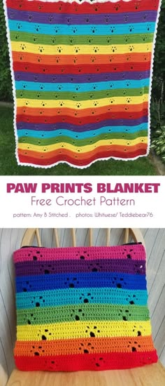 a crocheted blanket that is sitting on top of a chair with the words paw prints