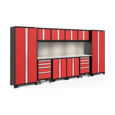 a red and black garage cabinet with drawers