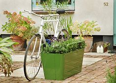 a bicycle parked next to a planter filled with flowers