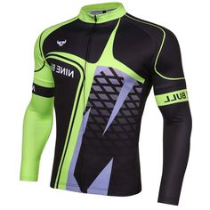 a black and green long sleeved cycling jersey