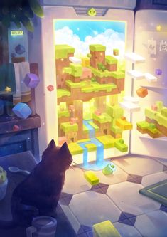 a cat sitting in front of an open door looking at a game on the wall